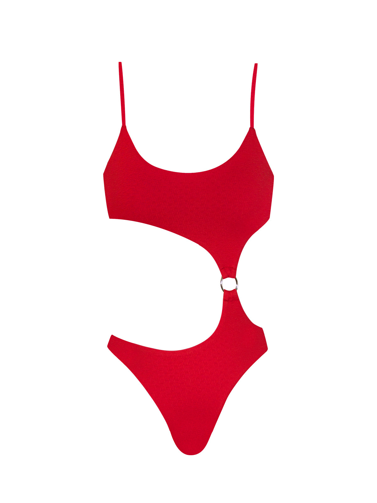 Women's red one-piece swimsuit with adjustable straps and stylish cut-out details