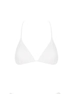 Women's white halter bikini top featuring adjustable cups and a tie design.