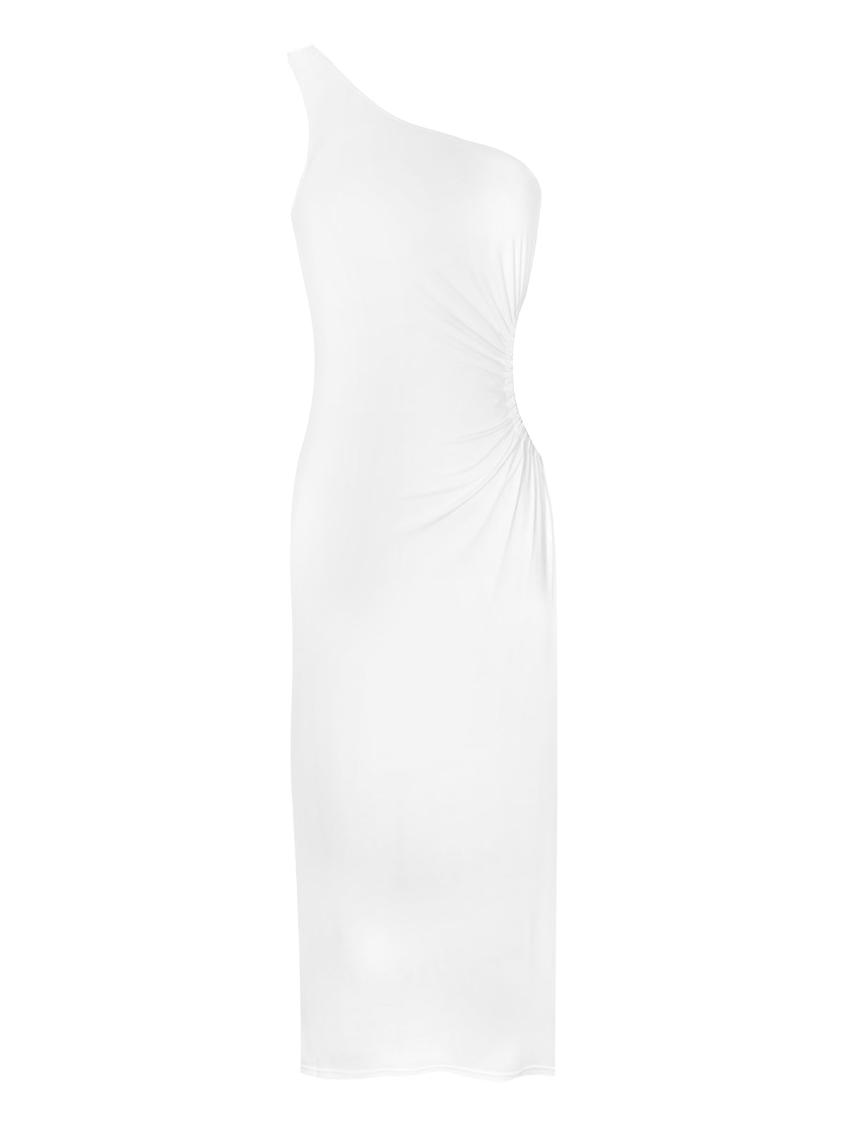 White long dress with one-shoulder neckline and trendy side cut-out detail.