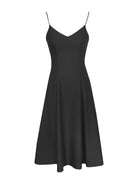 Women's black plunge neckline midi dress with spaghetti straps and an A-line silhouette