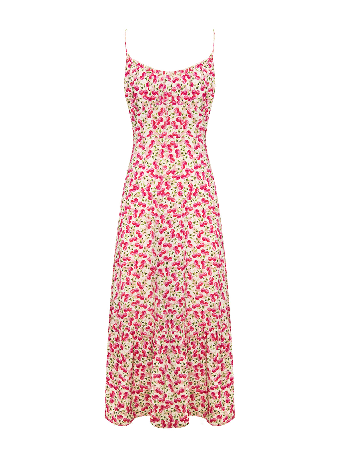 Women's cherry print mermaid dress with a draped neckline and spaghetti straps