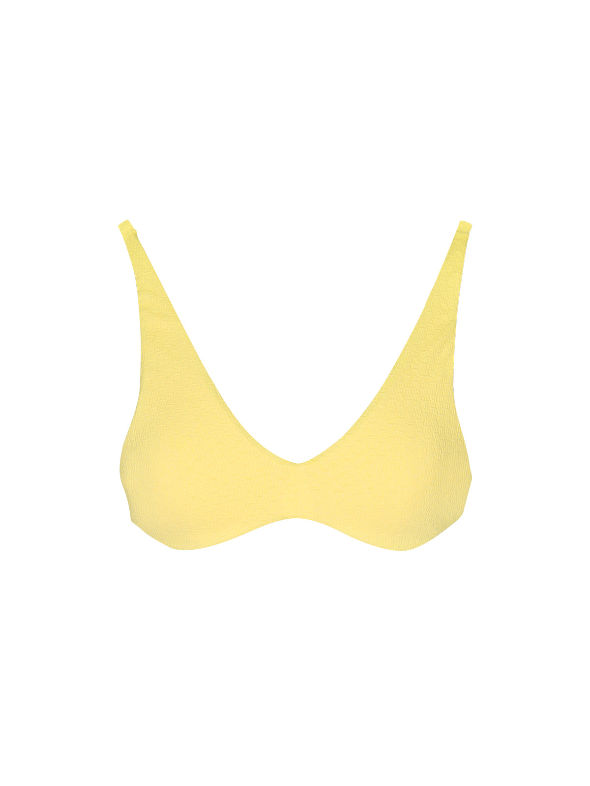 Vibrant yellow plunging neckline bikini top with adjustable straps and underwire support, summer beachwear essential.